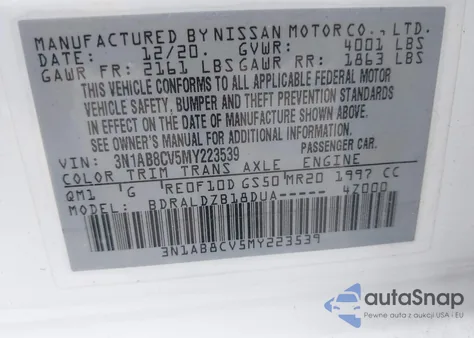 2021 Nissan Sentra Sv Xtronic Cvt from USA, damaged, VIN 3N1AB8CV5MY223539